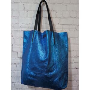 Diesel Dafne Bordeaux Brown Metallic Blue Reversible Leather Tote Shoulder Bag